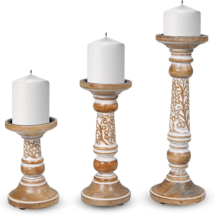 LuxeDesigns Pillar Candle Holders Rustic White Hand Carved Mango Wood